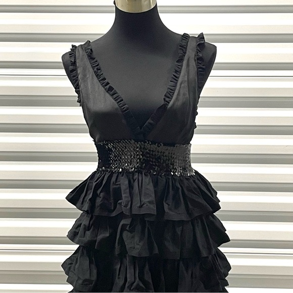 MANOUSH Tiered Ruffle Deep V neck Dress Black Size 40 
US 8 floor length - Picture 11 of 12
